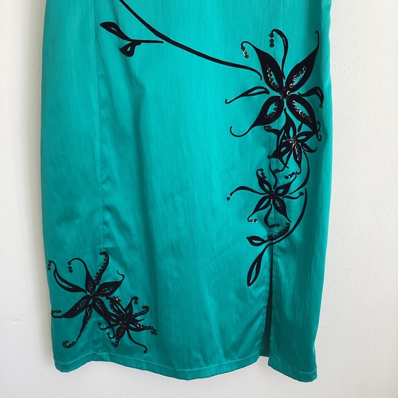Jane Norman Y2K dress 14 turquoise green satin black embroidered vintage - Picture 16 of 16